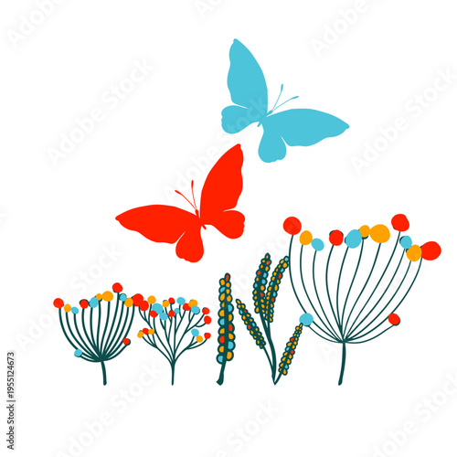 Butterfly and flowers simple drawing. Hand drawn. Not AI, vector illustration.
