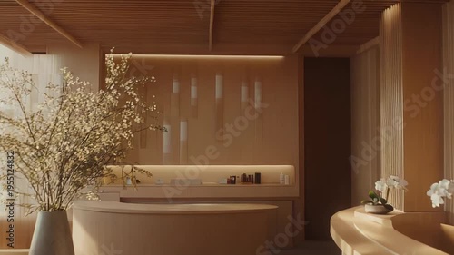 Serene wellness spa lobby featuring a minimalist design with natural wood accents, warm lighting, and a large plant, creating a calming ambiance perfect for relaxation and tranquility