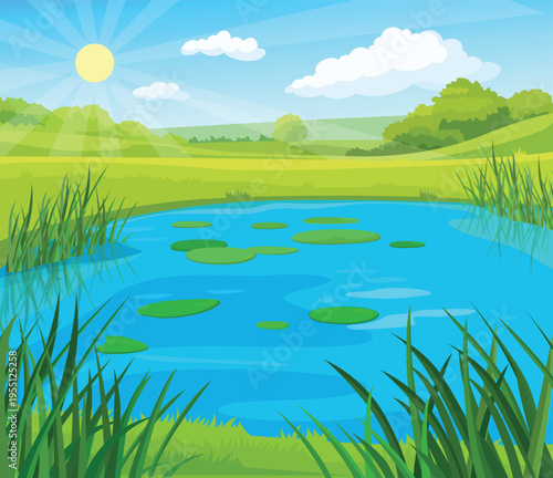 Summer nature landscape with lake. Beautiful sunny illustration of meadow with pond. Spring landscape with blue sky, clouds and green grass