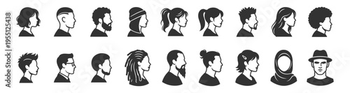 silhouettes of diverse male and female faces in profile vector illustration on transparent background