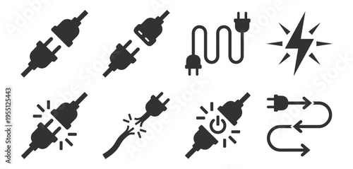 electric plug connector icons set with power cable and broken connection symbols on transparent background