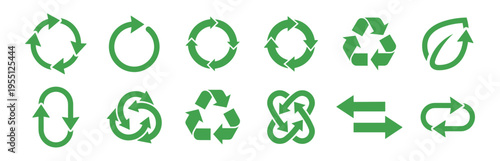 collection of green recycle and sustainability vector icons on transparent background