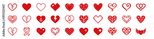 set of red heart icons vector illustration design for love and health concepts on transparent background