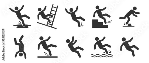 set of black falling person icons with different slip, trip, and fall scenarios on transparent background