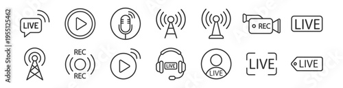 live streaming and broadcasting icons line art set for media and communication on transparent background