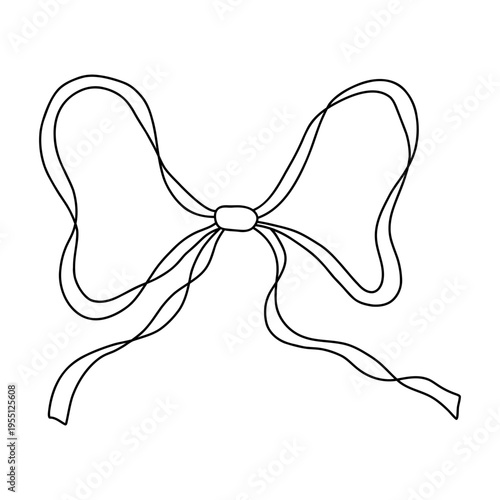 Whimsical black bow ribbon doodle on white background. Coquette-style minimalist illustration, perfect for fashion, beauty, or wedding designs. Elegant and playful