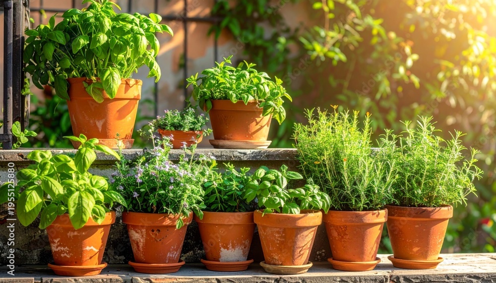 Fototapeta premium Terracotta Pots Filled With Fresh Green Herbs On Stone Steps Bathed In Sunlight
