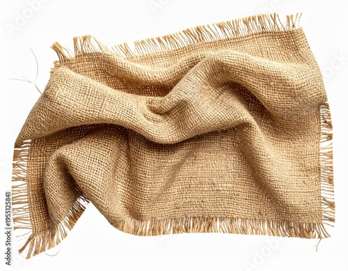 Textured Burlap Fabric With Frayed Edges on White Background