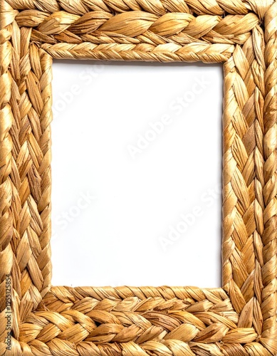 Woven Wicker Picture Frame Border with Blank White Space Isolated on White Background