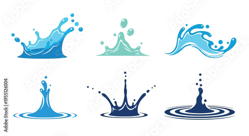 Collection of vibrant blue and teal water splash illustrations on a white background