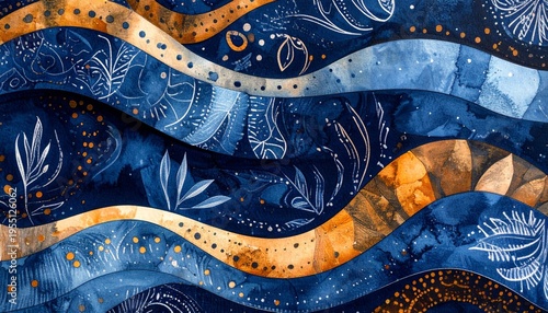 Abstract Deep Blue And Gold Wavy Pattern With Paisley And Floral Motifs