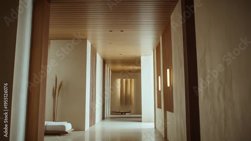 Minimalist interior wide hallway featuring clean lines, light wood accents, neutral color palette, and soft lighting, conveying a serene atmosphere in a wellness retreat