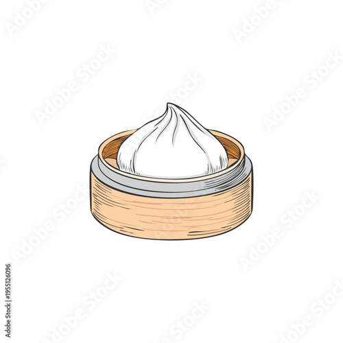Hand-drawn illustration of a delicious steamed Chinese dim sum bun, often called baozi, served in a traditional bamboo steamer, representing authentic Asian culinary art