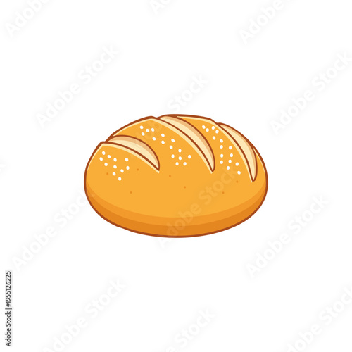 Freshly baked golden round bread loaf illustration, topped with sesame seeds, depicting wholesome goodness and delicious artisan bakery products for culinary concepts