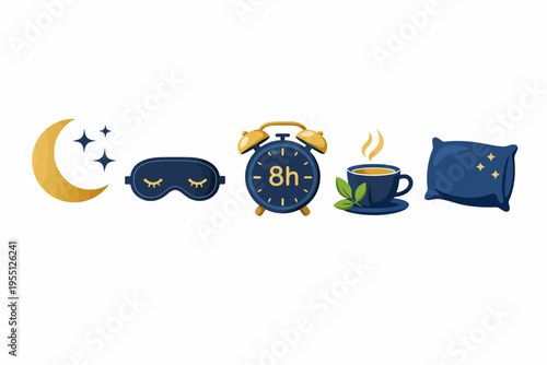 Collection of sleep and relaxation icons including moon, stars, eye mask, alarm clock, tea, and pillow for good night's rest.