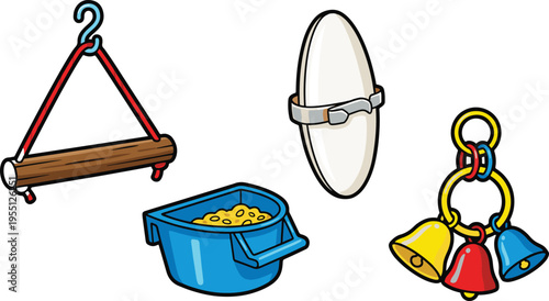 A colorful illustration of a pot, a satchel, a log swing, a shield, and a baby toy hanging together.