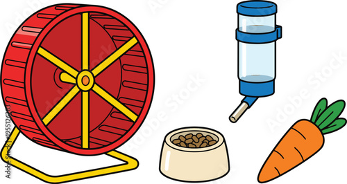 A hamster wheel with food and a carrot sits on the floor.