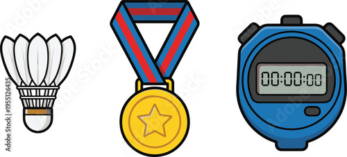 Athletes compete in badminton tournament with stopwatch showing gold medal