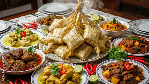Festive Malaysian Indonesian Meal Featuring a Generous Spread of Ketupat Rendang and Traditional Curries for a Celebratory Gathering