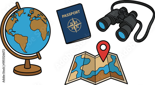 Travel planning with globe map passport and binoculars