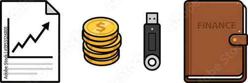 Finance documents and coins with a usb drive on a desk