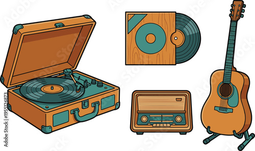 A music enthusiast's setup with a guitar, amplifier, records, and player indoors