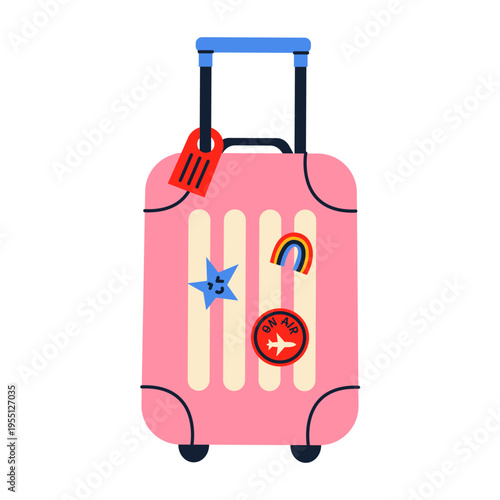 Trolley suitcase with luggage tag and stickers.