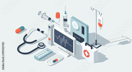 A collection of medical equipment and supplies arranged in an isometric perspective, showcasing healthcare technology and tools.