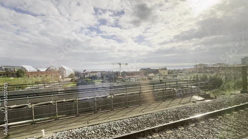 View from inside train of Porto portugal buildings and landmarks