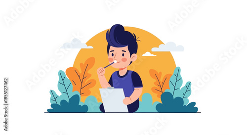 A young boy with dark hair sits outdoors, holding a pencil to his mouth while looking at a blank piece of paper in front of him, surrounded by stylized foliage and a large orange sun.