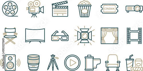 Collection of isolated line art icons representing various movie production and cinema entertainment elements.