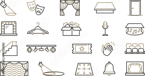 This comprehensive set of modern line art icons beautifully depicts theatre, stage, drama, and entertainment elements.