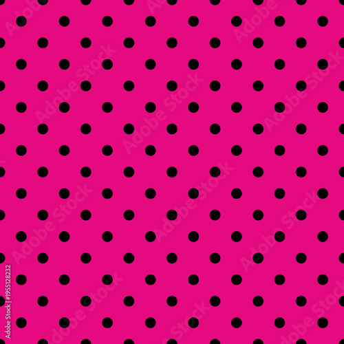 Seamless vector pattern or texture with black polka dots on neon pink background. For cards, invitations, websites, desktop, baby shower card background, party, web design, arts and scrapbooks.