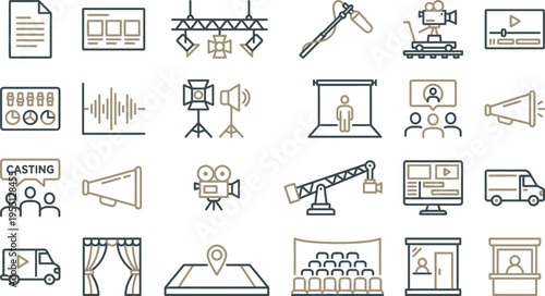 Collection of cinematic production icons illustrating film equipment, casting, directing, and post-production processes.