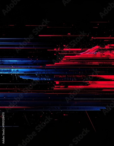 Abstract Digital Glitch Art with Red and Blue Streaks on Black Background