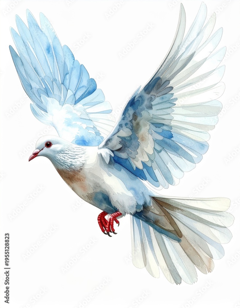 Obraz premium Watercolor Painting of a White Dove in Flight with Blue Accents and Red Feet