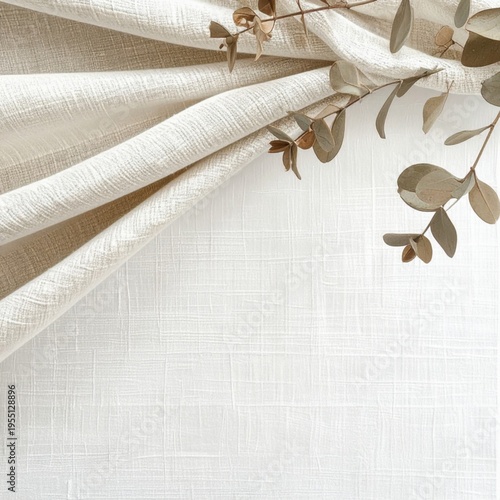 Textured Neutral Fabric Drape with Eucalyptus Branches Top Right Corner