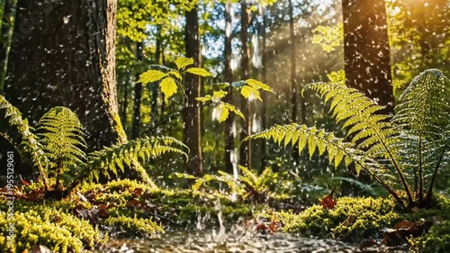 Rain Splashing into Forest Stream with Sunlight Beaming Through the Trees on a Sunny Day