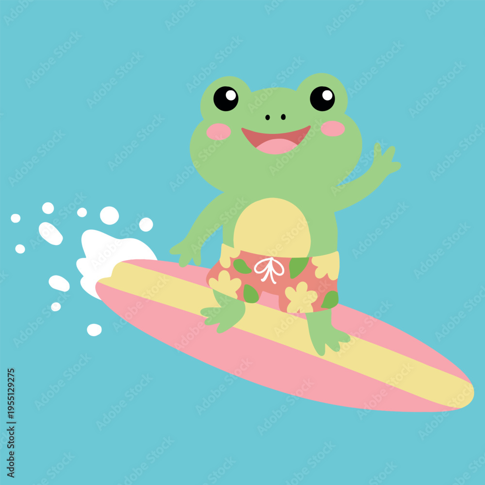 Naklejka premium Cute little frog on surfboard in the ocean