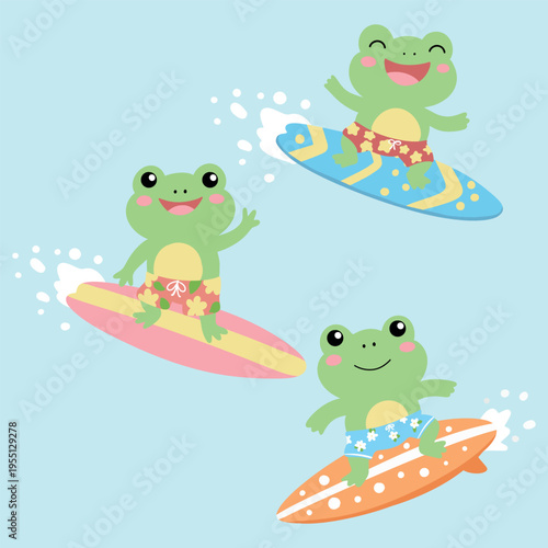 Cute cartoon frogs surfing collection set