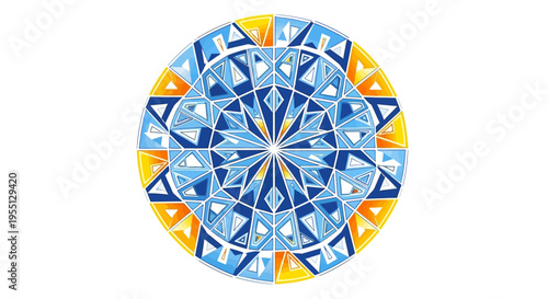 Kaleidoscopic Gemstone Facet Pattern with Starburst Effect in Blue, White, and Yellow Geometric Design