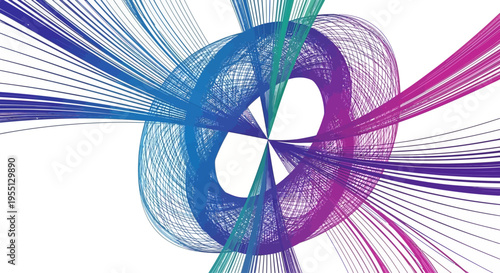 Abstract digital art featuring an intricate, colorful swirling vortex of lines emanating from the center against a white background, symbolizing energy and motion