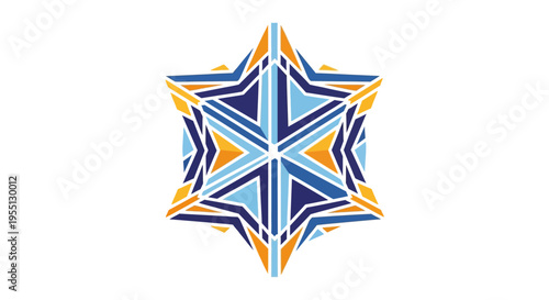Modern abstract geometric starburst pattern featuring interconnected polygons in vibrant blue and orange, symbolizing innovation and digital symmetry for technology and business