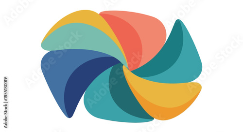 Abstract colorful pinwheel logo design with swirling vibrant shapes and a central vortex effect, evoking movement and creativity