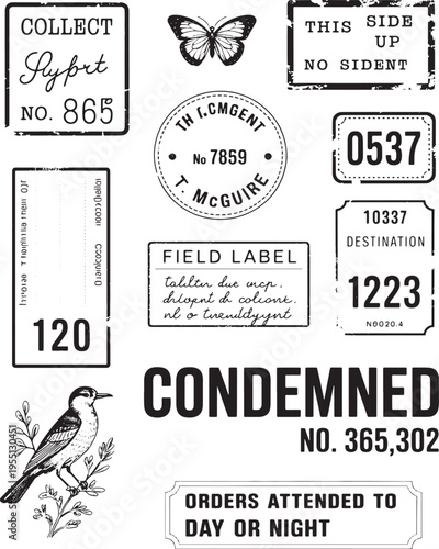 Vintage Monochrome Shipping Labels and Postal Stamps Collection