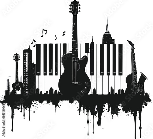 Surreal Musical City Skyline Featuring Shimmering Piano Key Buildings, Towering Guitar Skyscrapers, and Saxophone Architectures Against a Warm Golden Hour Sky