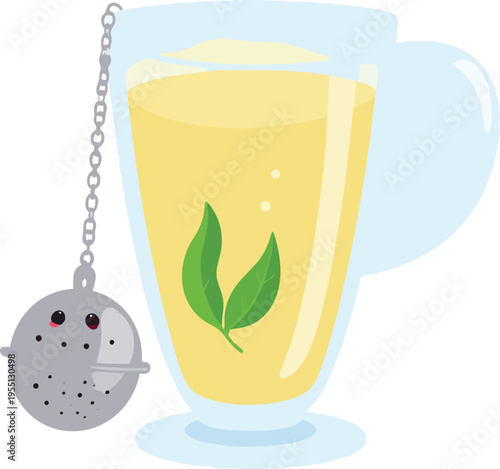 Tea Infuser Hanging from the Rim of a Transparent Glass Cup with Steeping Herbal Leaves and Steam in a Minimalist Isolated Vector Style
