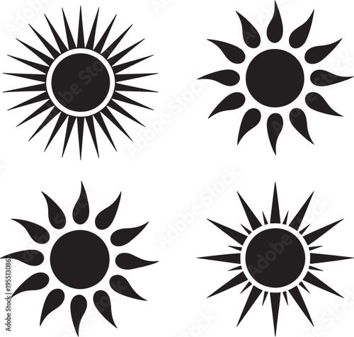 sun icons showcasing different ray collection of four diverse styles and designs