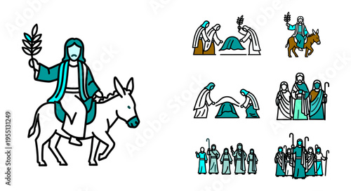 Palm Sunday vector illustration Jesus on donkey crowd religious scene easter holy week biblical event faith worship line art graphic design asset commercial template editable art