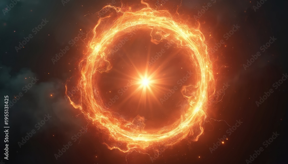 Obraz premium Fiery energy circle forms bright glowing portal center. Cosmic light beams radiate outwards from star like core. Abstract digital art depicts otherworldly phenomena.